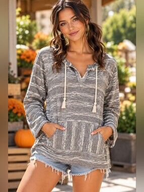 Aerie Gray and White Striped V-Neck Sweater
